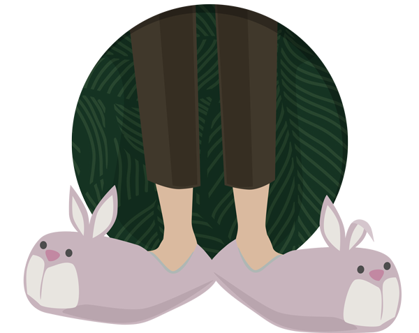 A portrait of Eliot Bern's feet in bunny slippers